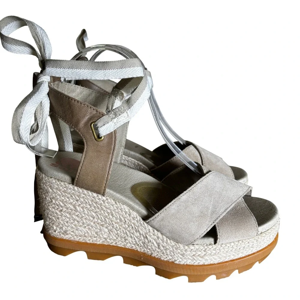Sorel Size 8.5 Wedge Espadrille‎ Sandals Tan Suede Lace Up Platform Boho Sole